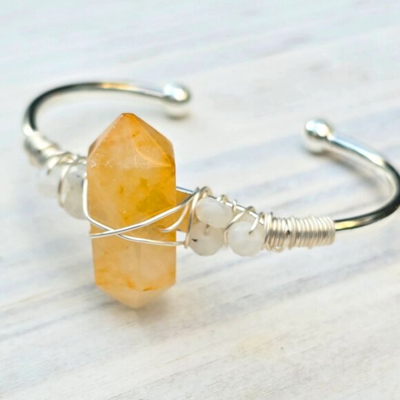 Citrine & Moonstone Wire Wrap Cuff – 925 Silver Over Copper – Energy & Balance - Picture 9 of 14